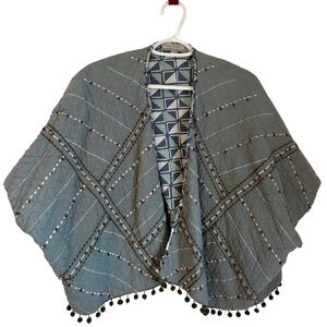 World Market Quilted Shawl Poncho S/M Blue Green Cotton Boho Pom Trim